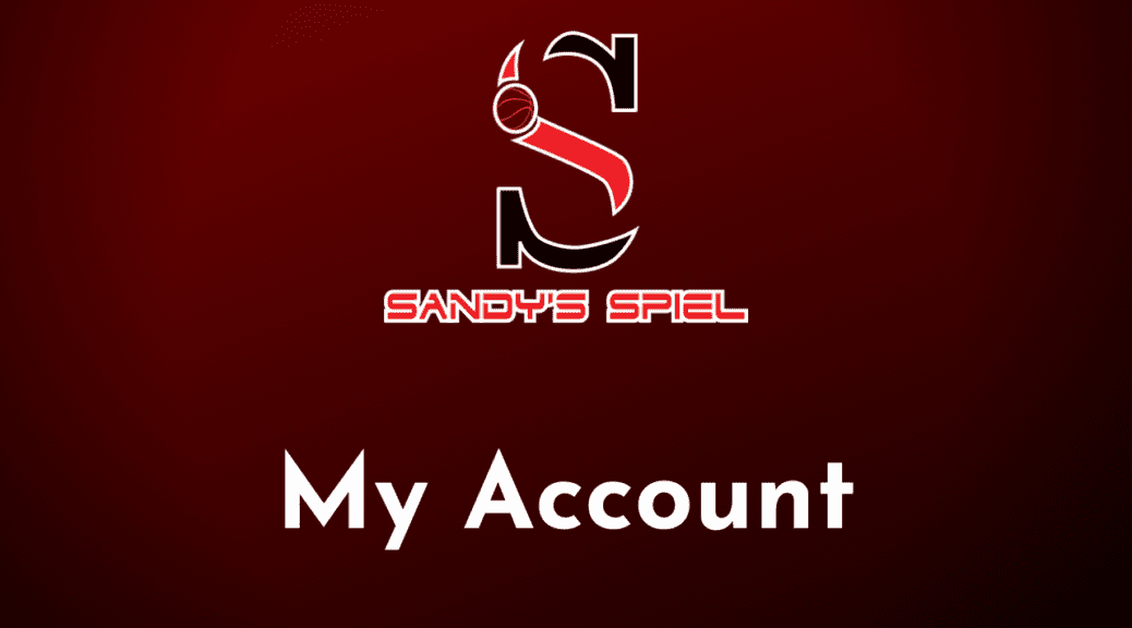 A banner of sandys spiel my account with red background